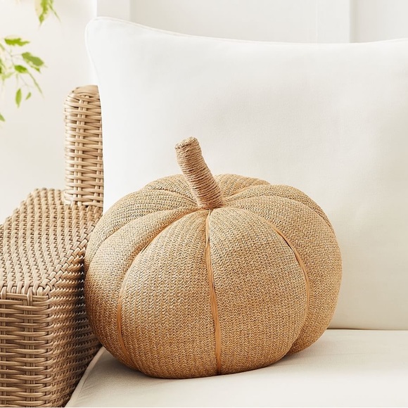 Pottery Barn Large Pumpkin Shaped Indoor/Outdoor Pillow with Jute Stem Detail